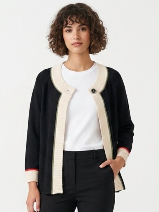 St. John Sweaters - ST. JOHN Sport Wool Cardigan Sweater Black Cream Button Front Small